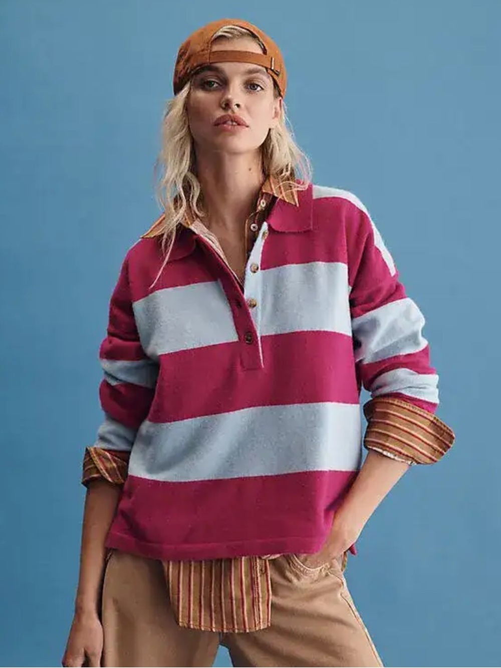 Anthropologie Maeve Wide Stripe Rugby Sweater in Pink & Light Blue